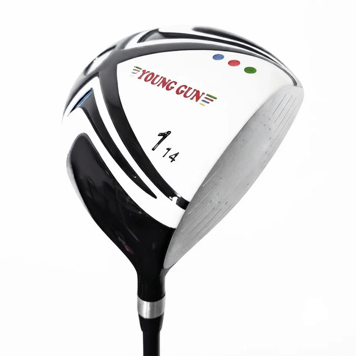 A YOUNG GUN golf driver club head on a white background, featuring a white and black design with red, blue, and green accents, and the degrees at 14.