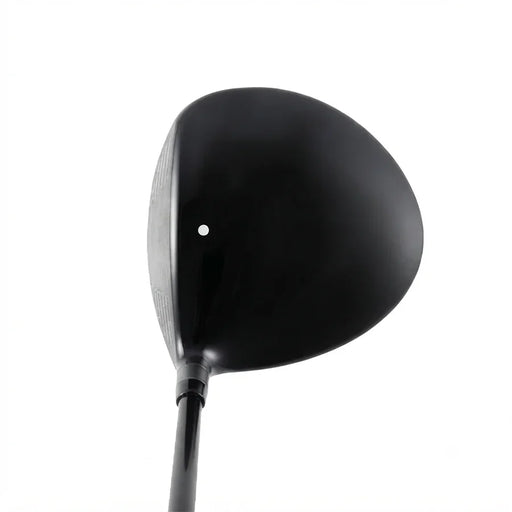 A close-up studio shot of a black golf driver head and part of its shaft against a plain white background.