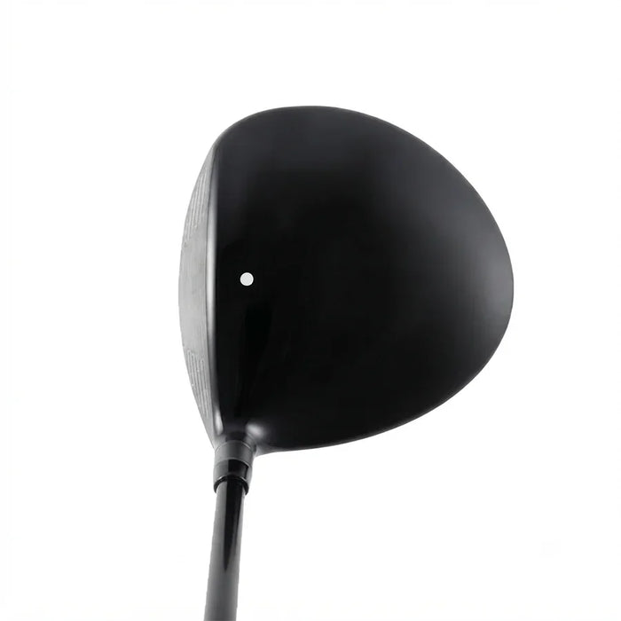 A close-up studio shot of a black golf driver head and part of its shaft against a plain white background.