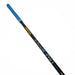 A single golf graphite shaft on a plain white background. The shaft is primarily black with a bright blue grip and blue printed details, along with yellow and white text and graphics.