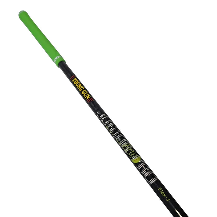 A single golf graphite shaft on a plain white background. The shaft is primarily black with a bright green grip and green printed details, along with yellow and white text and graphics.