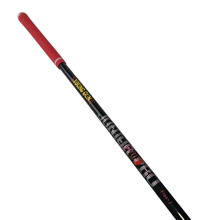 A single golf graphite shaft on a plain white background. The shaft is primarily black with a bright red grip and red printed details, along with yellow and white text and graphics.