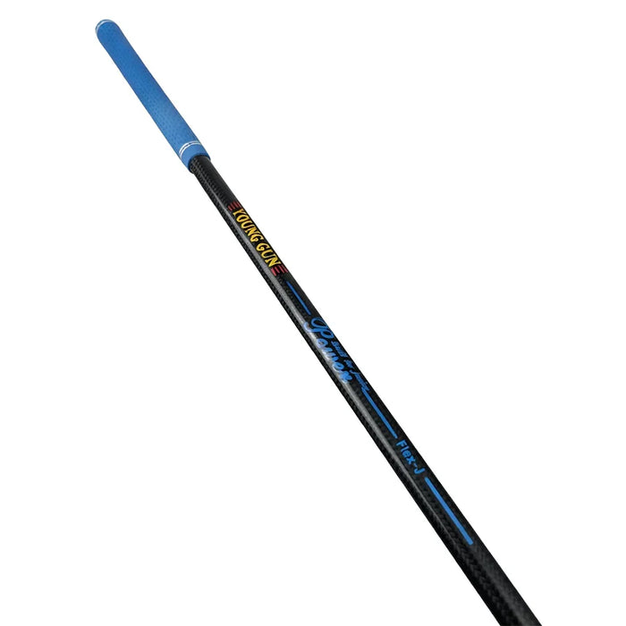 A black graphite golf shaft with a blue grip and blue printed graphics, featuring the 'Young Gun' brand name in yellow and red.