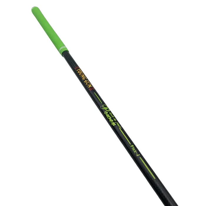 A black graphite golf shaft with a green grip and blue printed graphics, featuring the 'Young Gun' brand name in yellow and red.