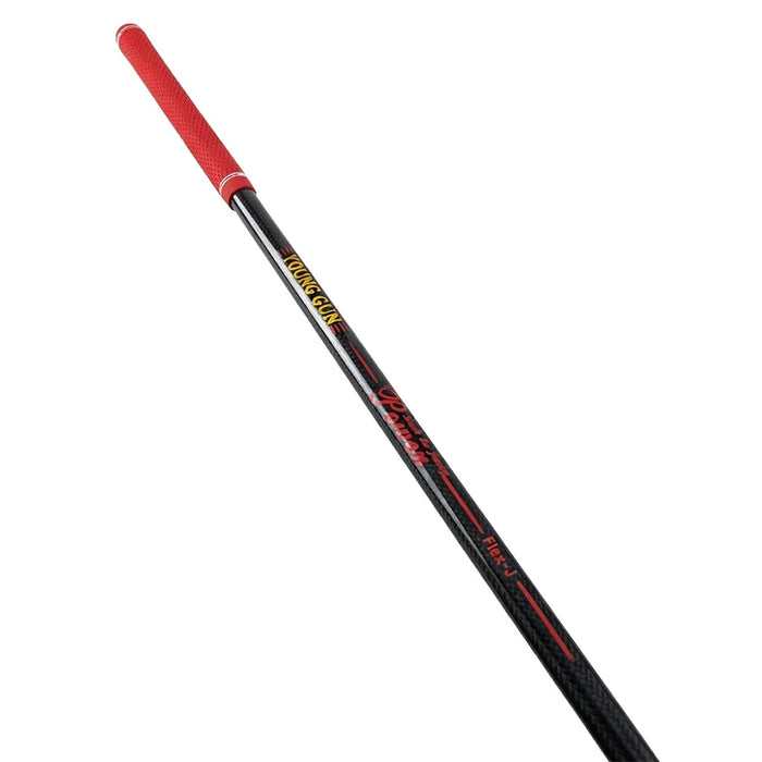 A black graphite golf shaft with a red grip and blue printed graphics, featuring the 'Young Gun' brand name in yellow and red.