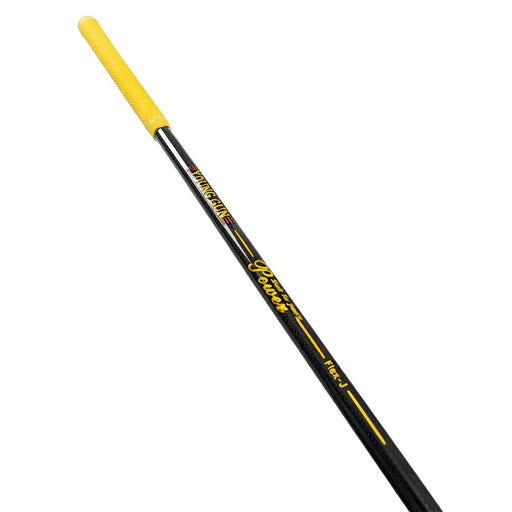 A black graphite golf shaft with a yellow grip and blue printed graphics, featuring the 'Young Gun' brand name in yellow and red.