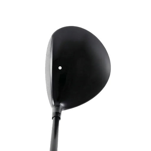 A black golf driver club head and part of its shaft, shown against a solid white background.