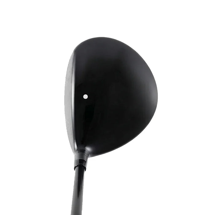A black golf driver club head and part of its shaft, shown against a solid white background.