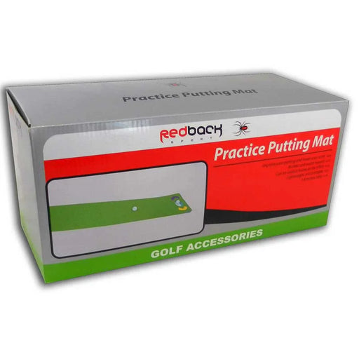 The Redback Sport packaging of a green golf putting mat with a hazard design, suitable for indoor golf practice. The box is red, white, green and silver