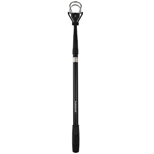 A black compact golf ball retriever with a telescopic shaft and a ring at the end for retrieval.