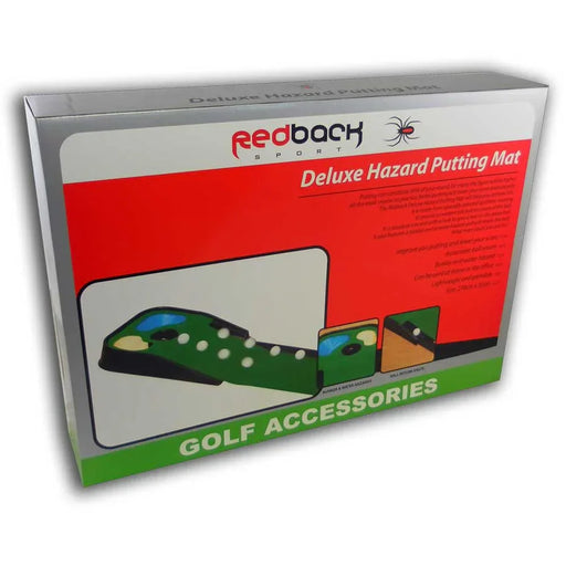 The Redback Sport packaging for a deluxe putting mat with ball return, primarily green in color with a black edge and a hole for the ball return feature. The box is red, white, green and silver.