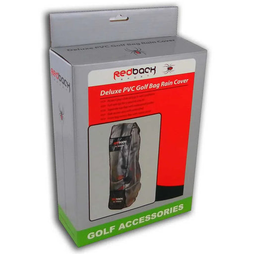 Redback Sport packaging of a black deluxe golf bag rain cover with red and gray accents, featuring multiple zippers and a velcro closure, displayed against a white background. The box features silver, red and green colours