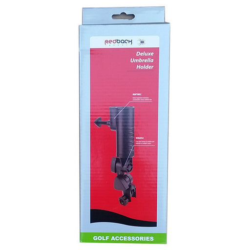 A black golf buggy umbrella holder designed to be attached to a golf buggy for convenience in holding an umbrella.