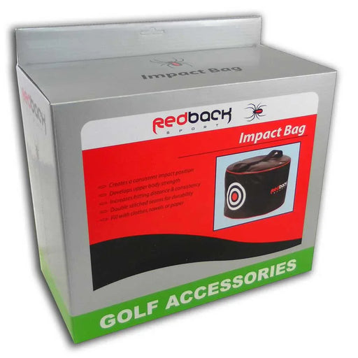 The Redback Sport packaging of a black golf impact bag with a red target design and the Redback brand logo, featuring handles and red trim. The box is red, white, silver and green.