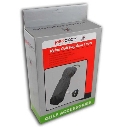 Redback Sport packaging of a black nylon golf bag rain cover fitted over a golf bag on a cart, designed to protect from rain. The box features red, silver and green colours