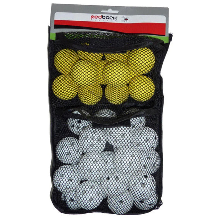 Mesh bag of 36 practice golf balls. 12 yellow foam and 24 white air balls