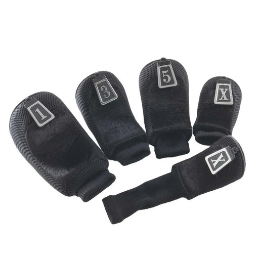 set of 5 golf wood head covers in black with '1', '3', '5', and 'x'