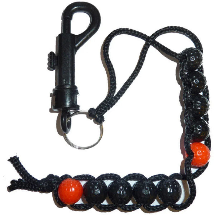 A black and red golf score counter made of beads, with a clip and a loop for attaching to a golf bag or clothing.