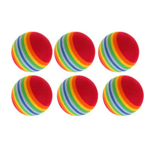 A set of six colorful foam practice golf balls with red, orange, yellow, green, blue, and grey stripes.