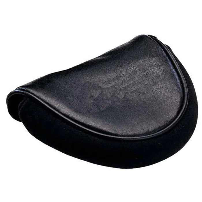 A black magnetic mallet putter cover with faux leather designed to protect a golf putter head.