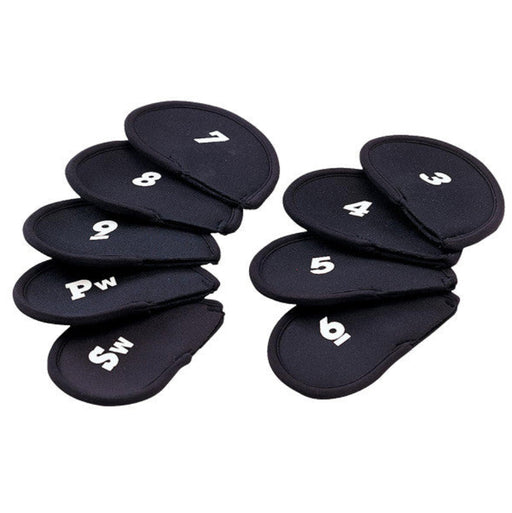 A set of 9 black neoprene iron club covers with numbers representing different clubs, displayed in two rows.