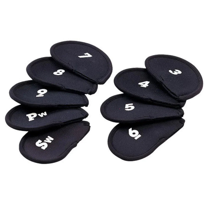 A set of 9 black neoprene iron club covers with numbers representing different clubs, displayed in two rows.