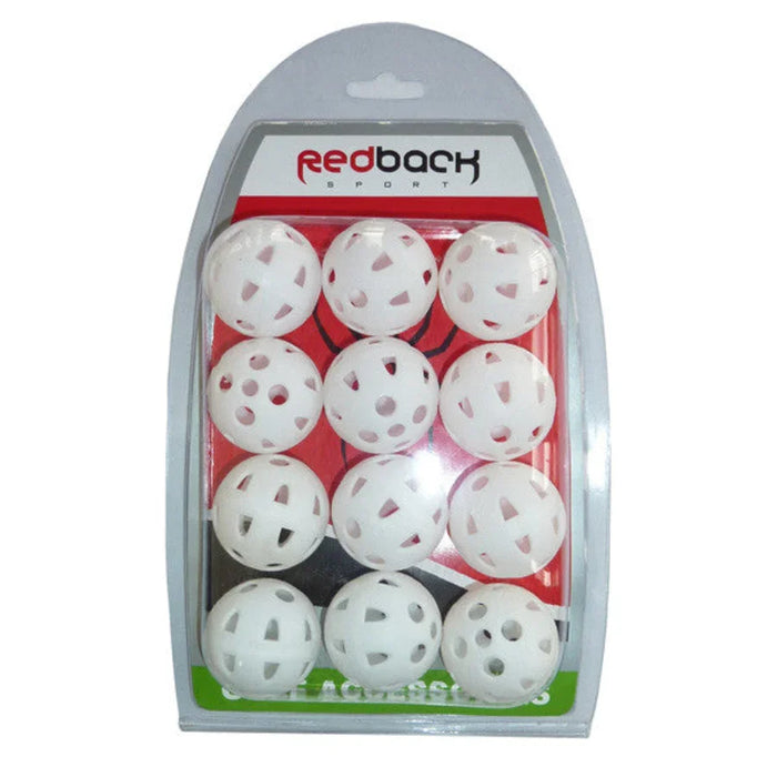 A pack of 12 white golf balls with airholes, branded in Redback Sport packaging, displayed in a clear plastic packaging.