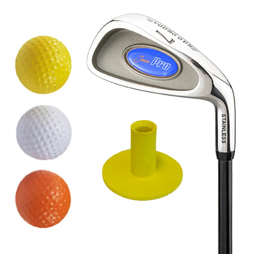 Young Gun junior golf set with golf club, balls, and rubber tee on a white background