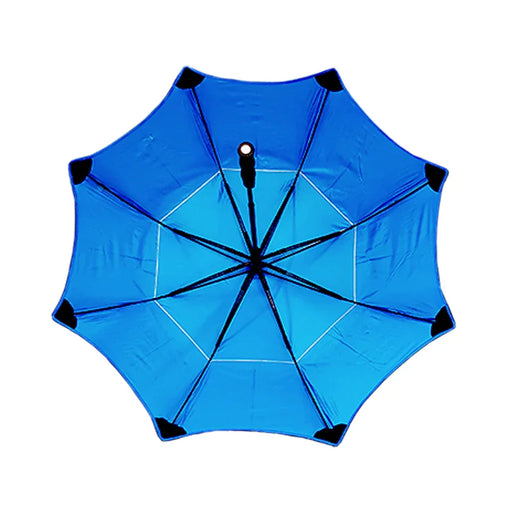 A telescopic blue solar UV resistant umbrella with a tipless design, featuring a double canopy and anti-flip technology.