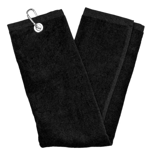 A black tri-fold golf towel with a carabiner attached to it, unfolded and displayed on a white background.
