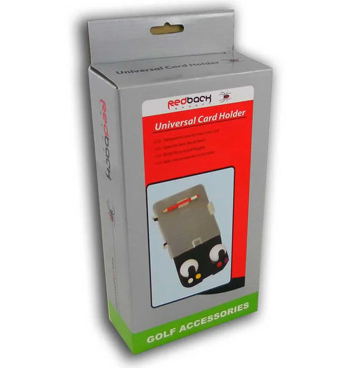 Redback Sport packaging for a black and gray universal golf buggy card holder with a transparent cover, designed to hold a scorecard, balls, tees, and a pencil. The box features red, silver and green colours