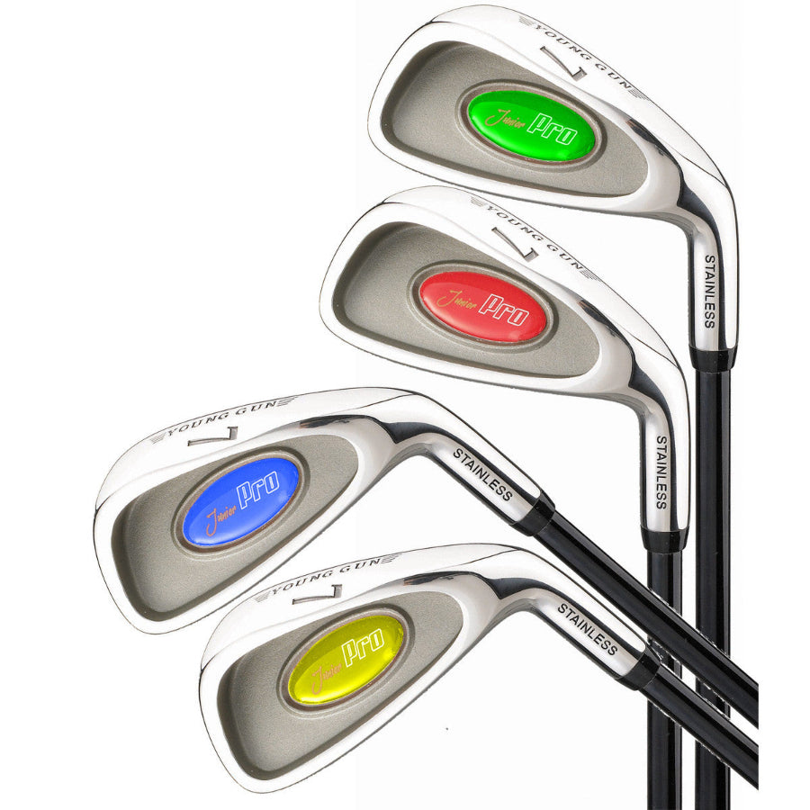 A set of Young Gun 7 Iron golf clubs with color-coded grips in red, blue, green, and yellow.