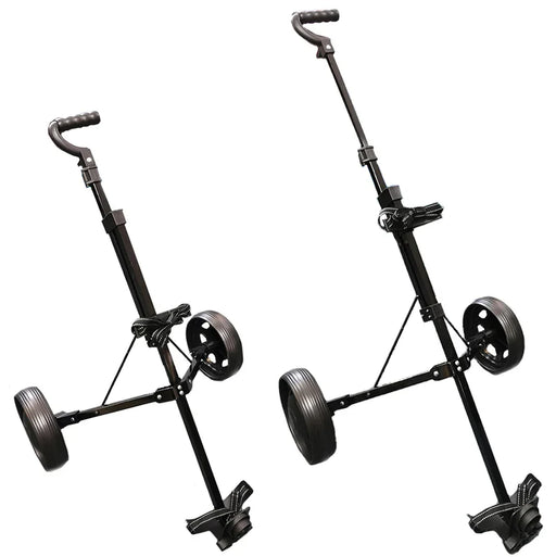 A black junior golf buggy with two wheels and a foldable handle.