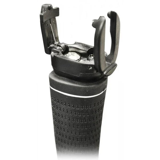 A black retractable claw mechanism designed to attach to the end of a putter for picking up golf balls.